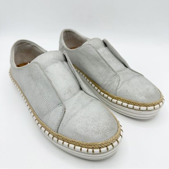J/Slides NYC Kayla Leather Metallic Gray Slip-On Sneakers Whipstitch Detail 7 - Picture 6 of 12